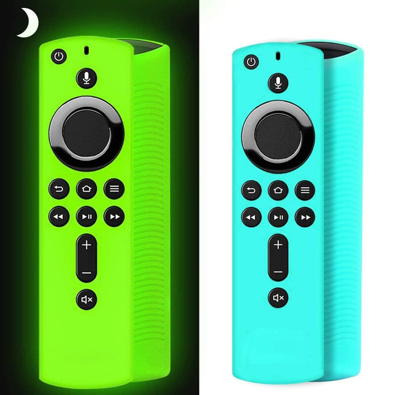 Wevove [عبوة 2] غلاف سيليكون لجهاز التحكم عن بُعد Firestick متوافق مع جهاز Firetv Stick 4K، غلاف جهاز التحكم عن بُعد Firetv، غلاف مضاد للصدمات وغير قابل للانزلاق (توهج أخضر وزرقاء سماوية غير متوهجة) - Image 1